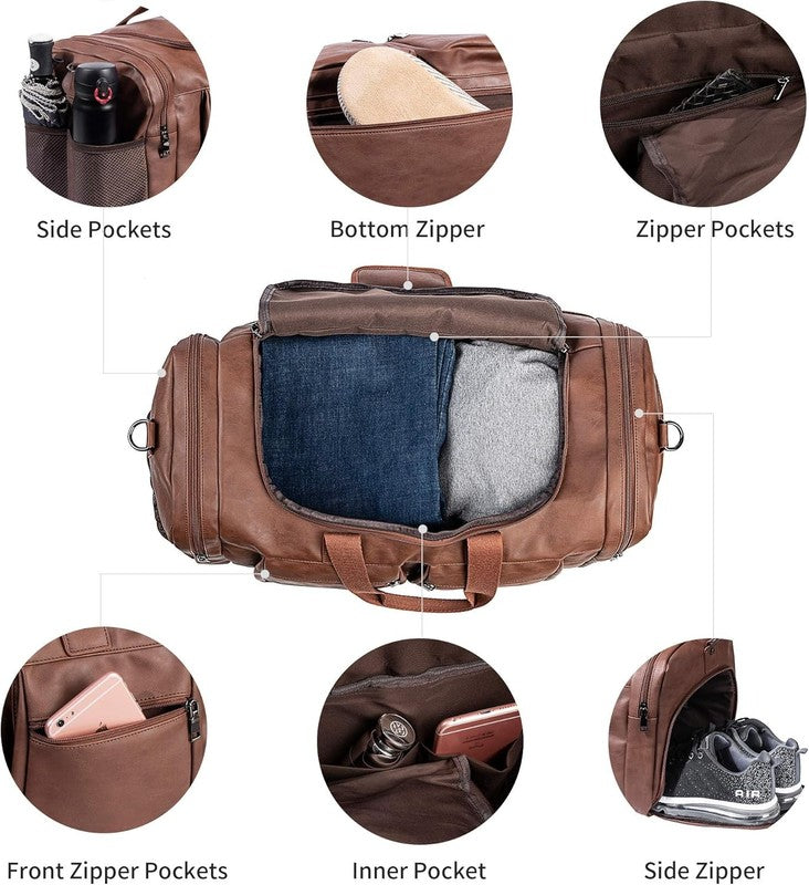 Leather Travel Duffle Bag Brown Carry On Weekender w/ Shoe Pouch Waterproof4