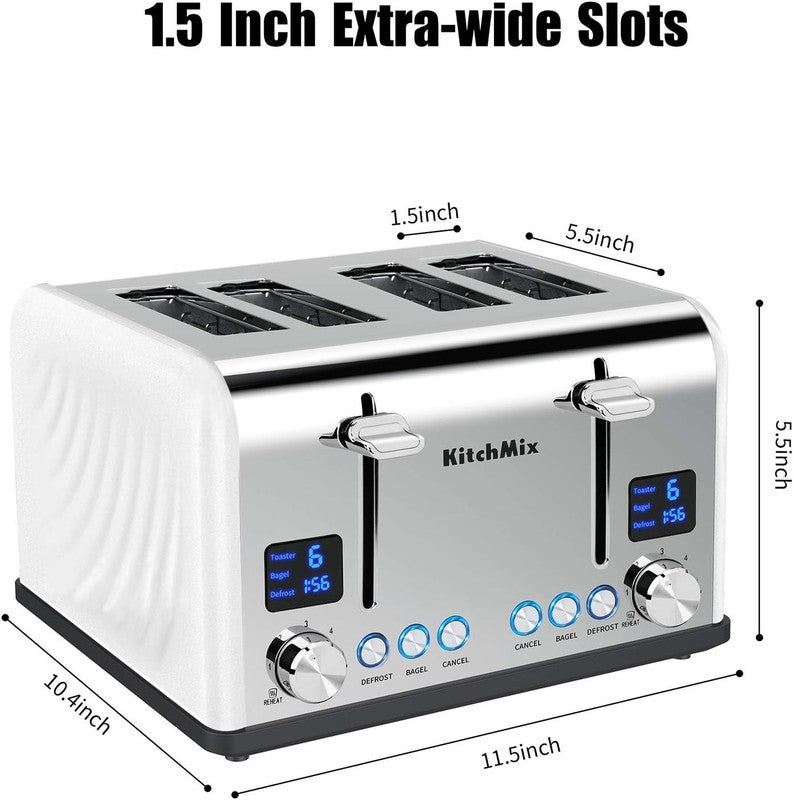 4 Slice Toaster White - Stainless Steel, LCD Timer, Wide Slots, Dual Display5