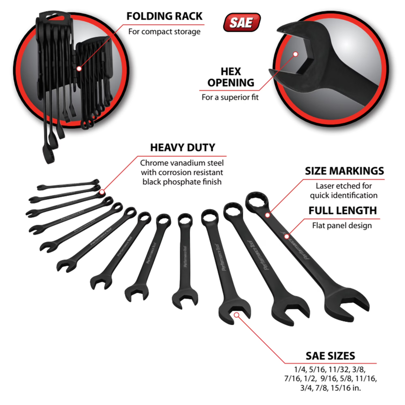 12Pc SAE Combination Wrench Set CR V Black Phosphate 1/4 7/8in Hinged Rack1