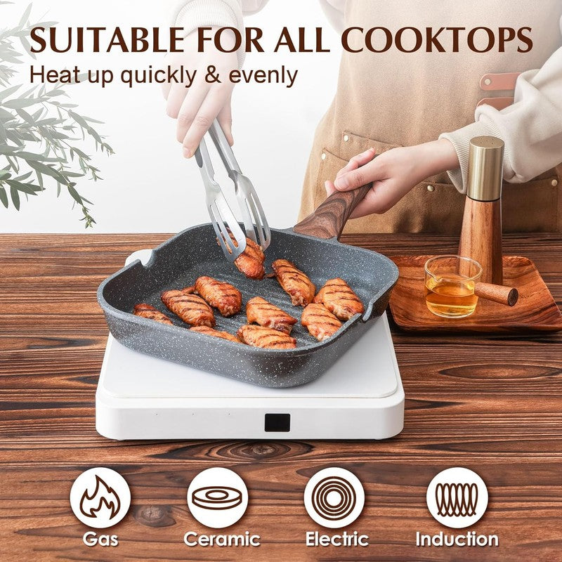 Nonstick Grill Pan for Stove Tops, Versatile Griddle with Pour Spouts, Square Bi5
