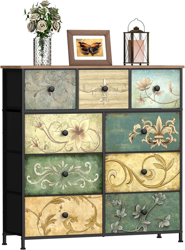 9 Drawer Fabric Dresser Retro Floral Chest Storage Organizer for Bedroom Closet0