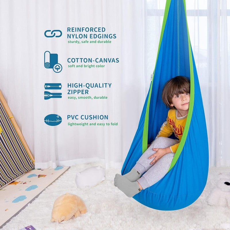 Kids Pod Swing Seat Cotton Hammock Sensory Chair Indoor Outdoor Blue2