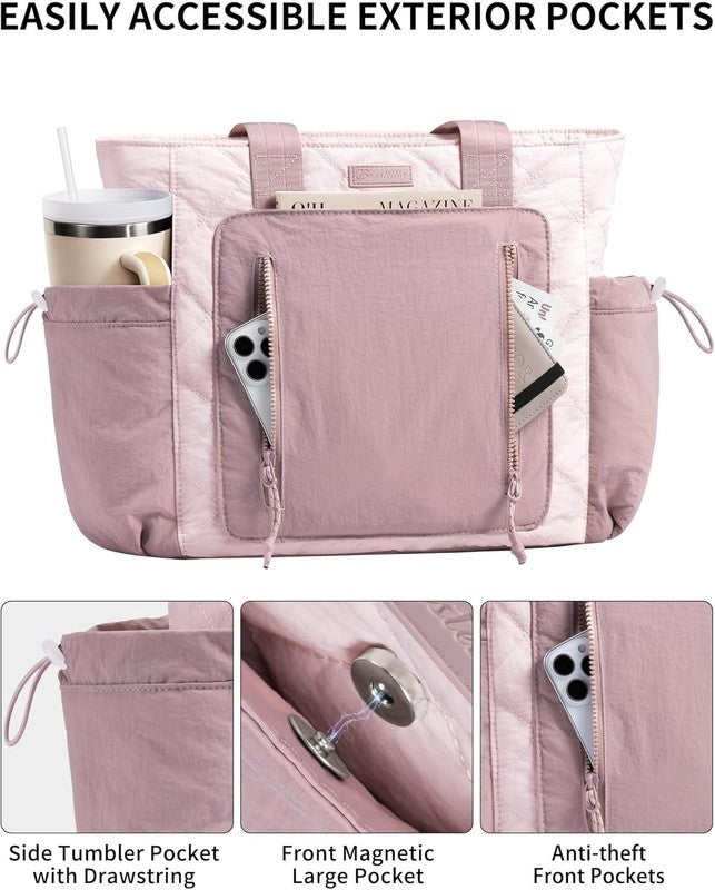 Women’s Puffer Tote Bag Lightweight Quilted Shoulder Handbag Work Laptop Pink3