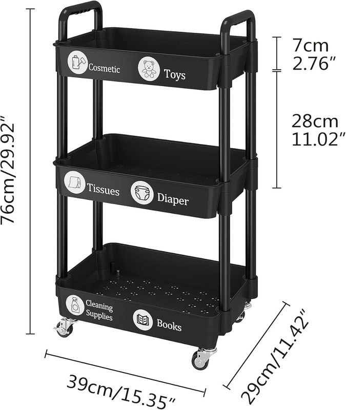 3-Tier Rolling Utility Cart with Labels, Handle & Wheels, Black Storage Rack5