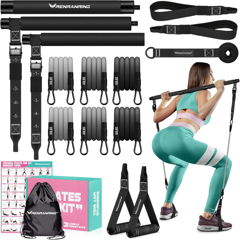 Pilates Bar Kit w/ Resistance Bands Adjustable Metal Buckle Full Body Workout9