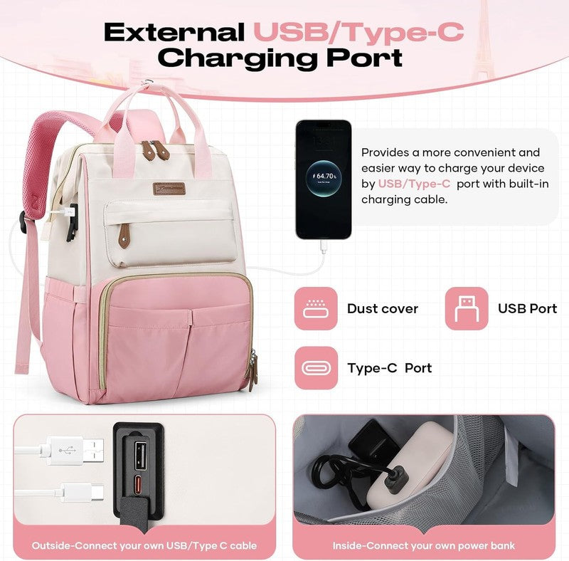 Travel Laptop Backpack 15.6 17.3" Nurse Work Bag w/ Lunch Pink Beige2