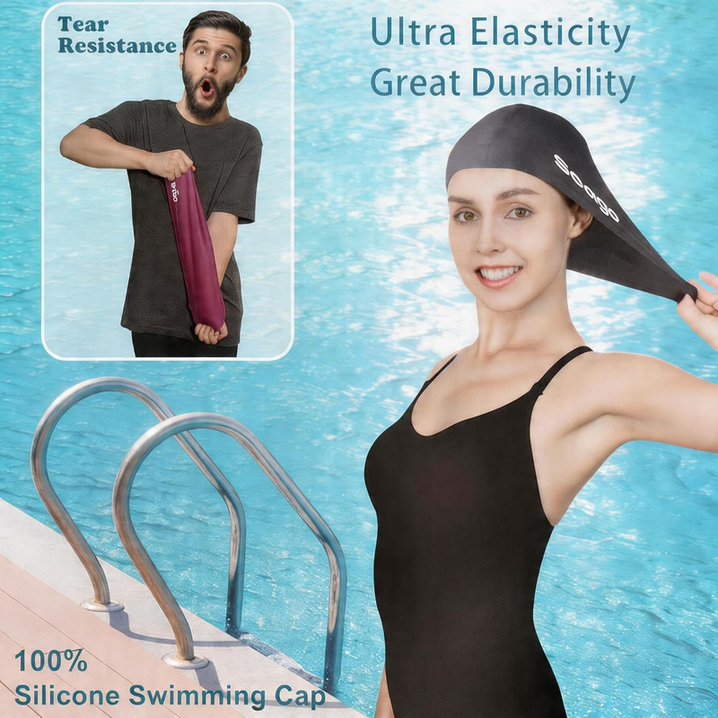 Adult Swim Caps 2 Pack Silicone Long Hair Waterproof Tear Resistant3