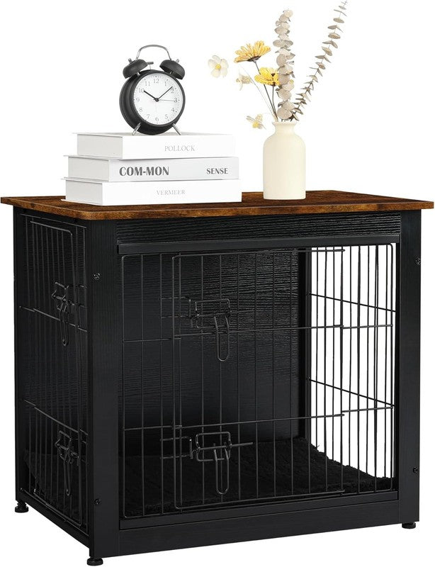 Dog Crate Furniture Table w/Cushion Wooden Kennel Double Door 27.2" Black/Brown8