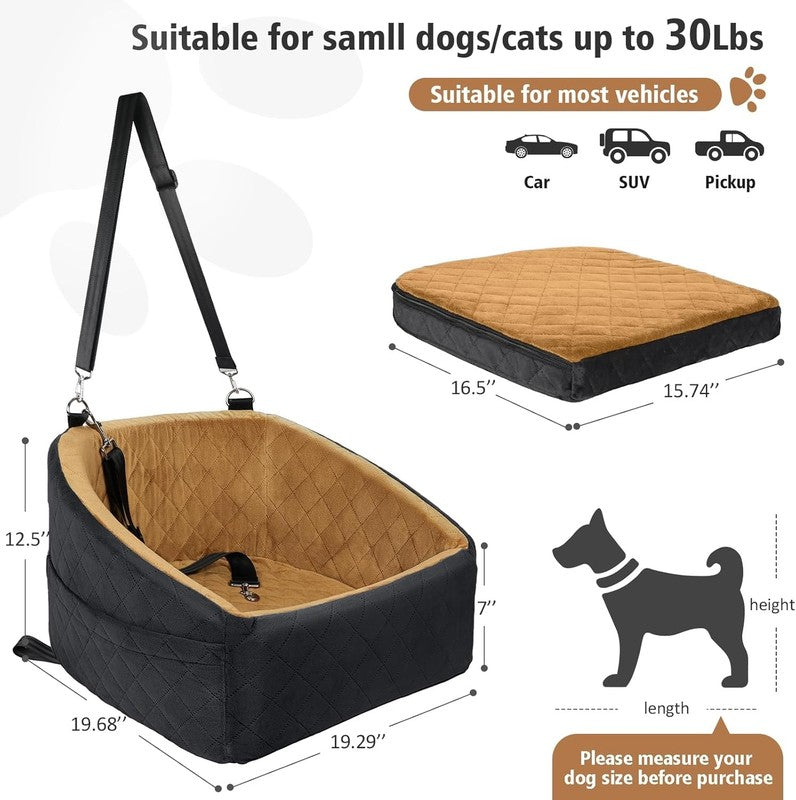 Dog Car Seat Small/Medium Dogs under 30lbs Washable w/ Pockets Black/Brown1