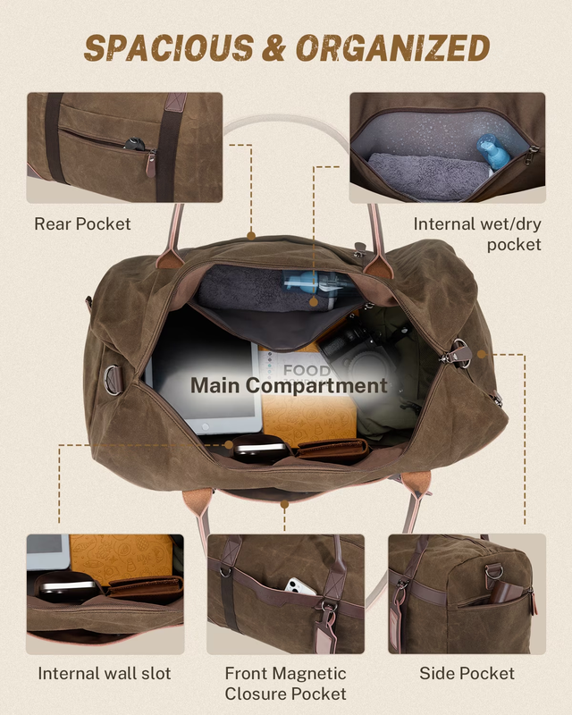 55L Waxed Canvas Duffle Bag Water Resistant Vintage Weekender w/Shoe Comp6
