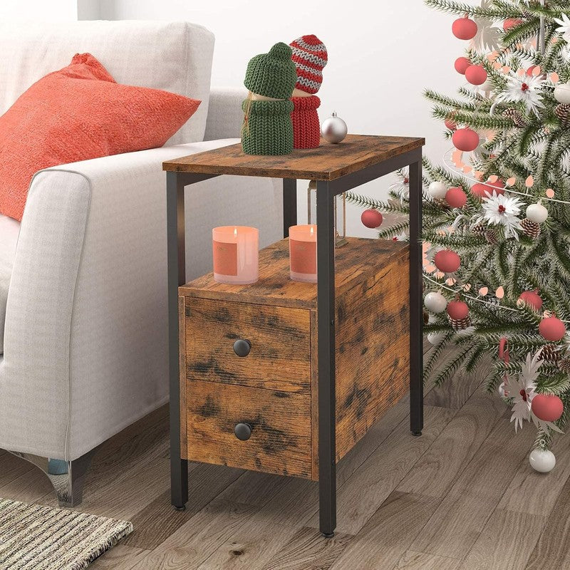 End Table Narrow Chairside Table with Drawer & Shelf Rustic Brown Black1