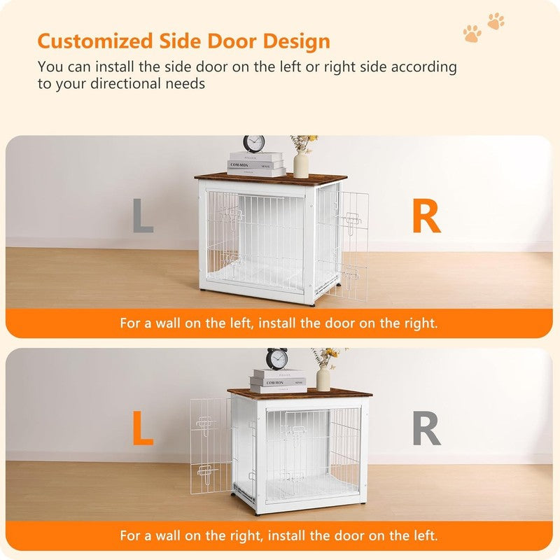 Dog Crate Furniture Table w/Cushion Wooden Kennel Double Door 27.2" White/Brown3