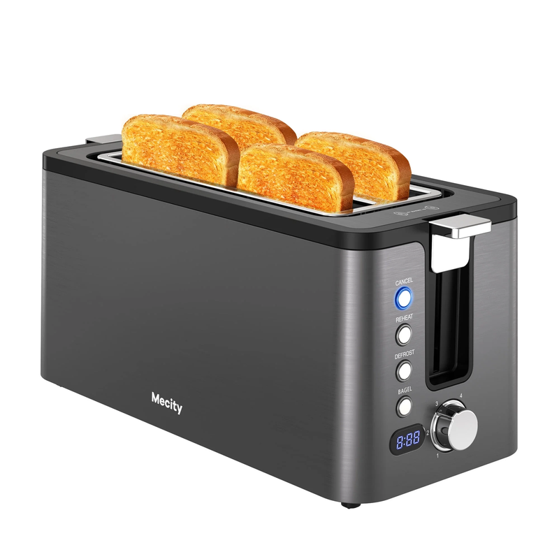 4 Slice Long Slot Toaster Countdown Timer Bagel Defrost Reheat Metallic Grey10