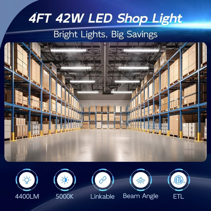4 Pack 4FT LED Shop Lights, 4400Lm, 5000K, Linkable, Hanging/Flush Mount1
