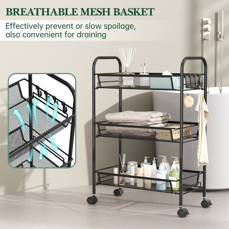 3 Tier Slim Mesh Rolling Storage Cart Black, Metal Organizer for Narrow Spaces2