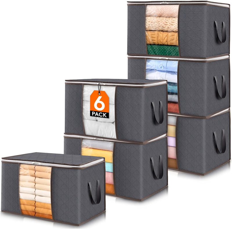 6 Pack Foldable Storage Bins with Lids & Zippers for Clothing & Bedding, Gray9