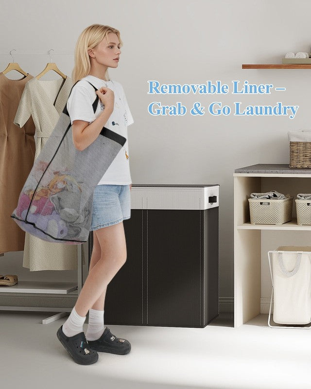 145L Laundry Basket w/ Lid, 2 Detachable Mesh Bags, Hamper Black & White3