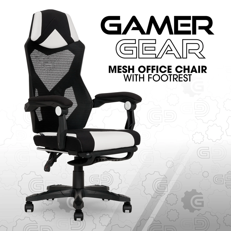 Gaming Office Chair with Extendable Leg Rest White Black Fabric Ergonomic11