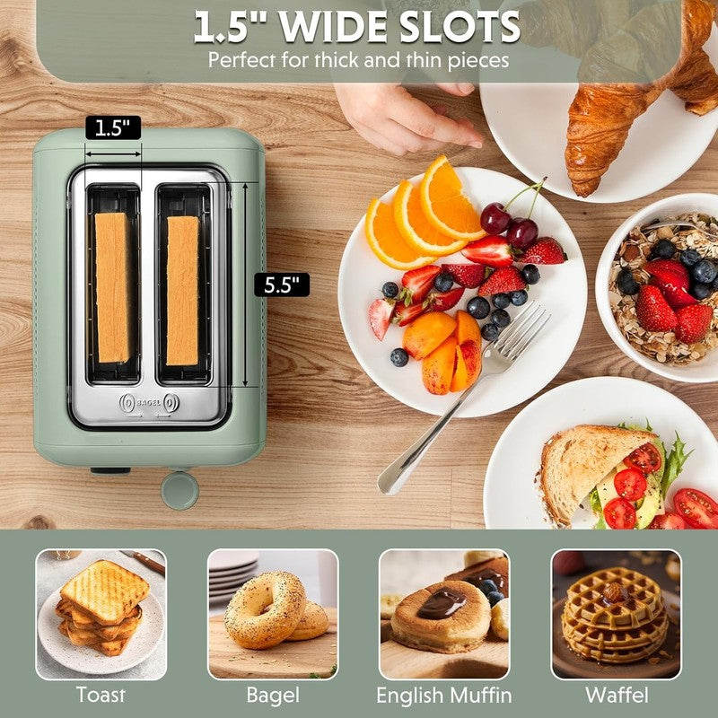 Retro 2 Slice Toaster Extra Wide Slots Stainless Steel 7 Shade Muffin Green2