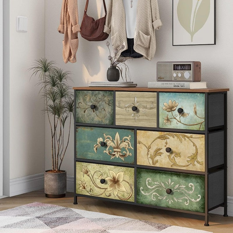 7 Drawer Fabric Dresser Retro Floral Chest Storage Organizer for Bedroom Closet7