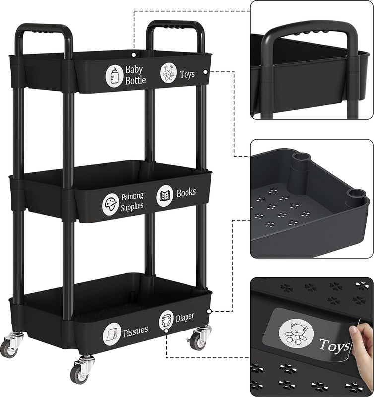 3-Tier Rolling Utility Cart with Labels, Handle & Wheels, Black Storage Rack1