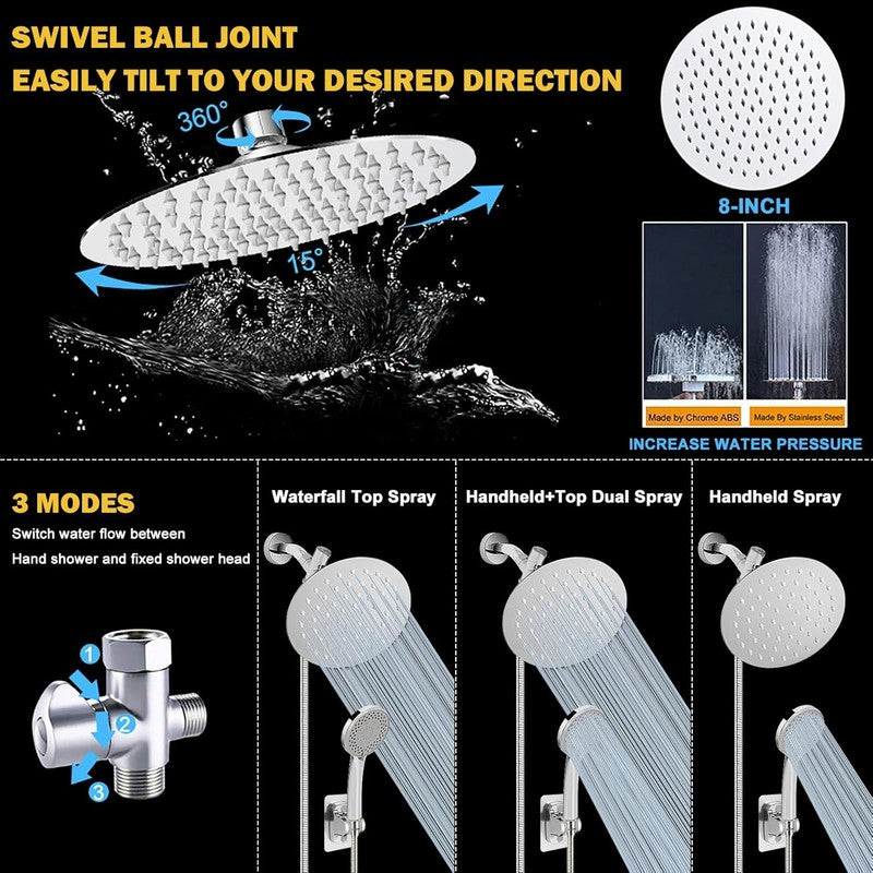 8" Stainless Steel Rain Shower Head & 5-Setting Handheld Combo Chrome4