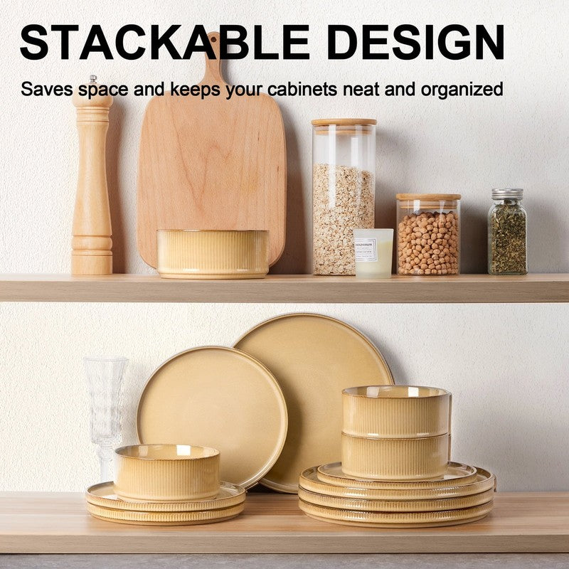 Dinnerware Set for 4, 12 Piece Stoneware Ribbed Dishes with Reactive Glaze, Cera3