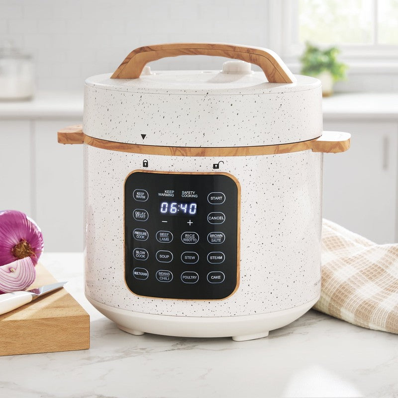Linen Speckle 6-Qt Pressure Cooker Touch Control Display Multi Cooker1