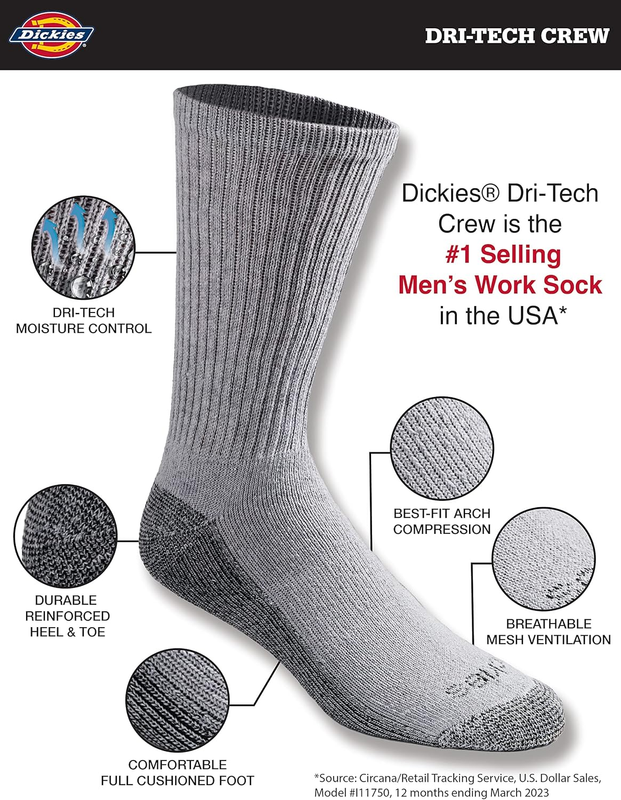 Men’s Dri Tech Crew Socks Moisture Control Work Socks 6 12 18 Pack M XXL3