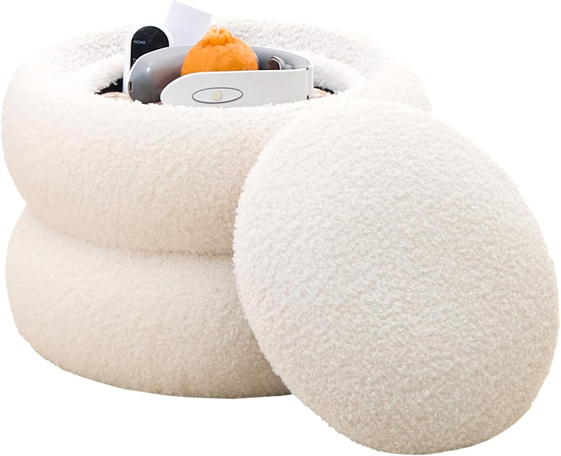 Storage Ottoman,Soft Teddy Velvet Upholstered Footrest,Mordern round Footstool w7