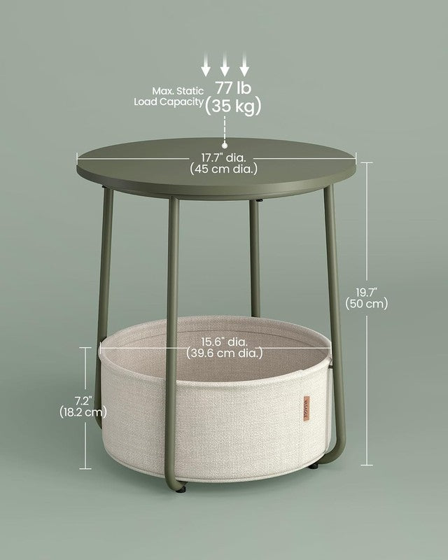 Small Round Side Table Nightstand with Fabric Basket Forest Green Cream White1