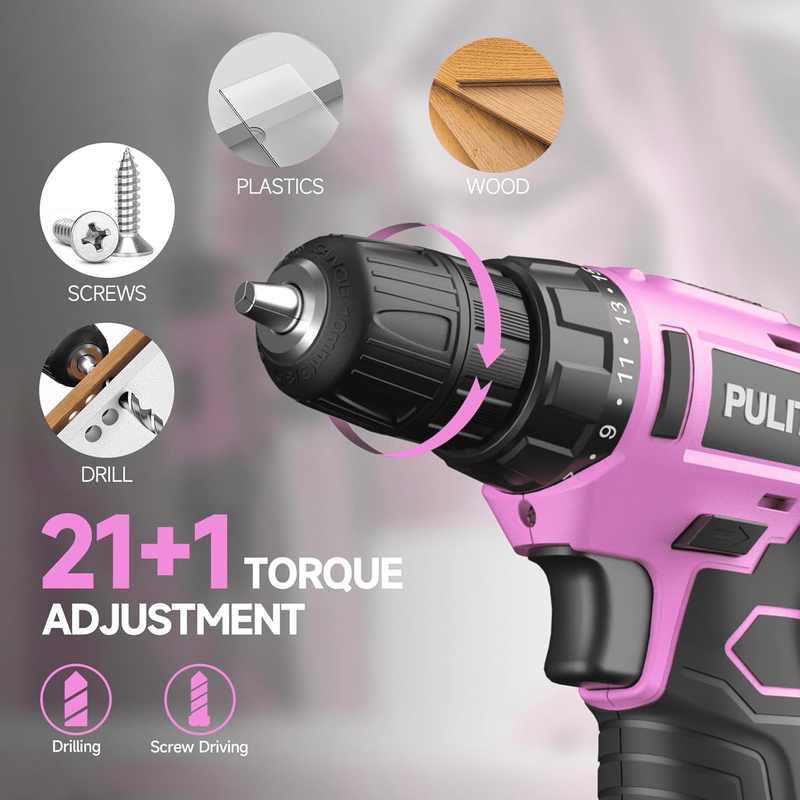 12V Cordless Drill Set 21+1 Torque LED 3/8" Keyless Chuck Battery & Charger Pink2