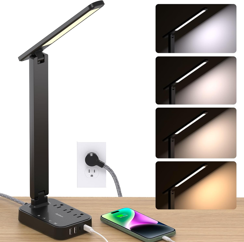 LED Desk Lamp, Power Strip with 3 Outlets 4 USB Charging Ports(2 USBC), 4 Modes 7