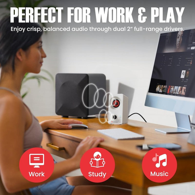 Bluetooth 5.3 PC Speakers USB C 2.0 Stereo AUX Dual Drivers Compact White7