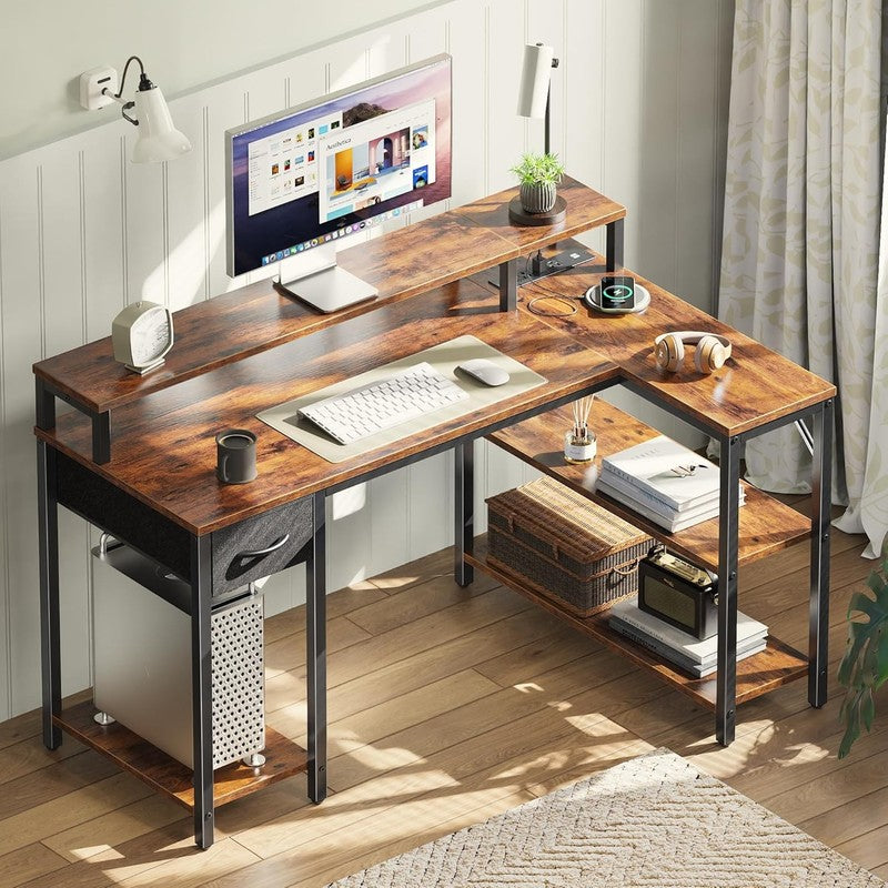 47'' Reversible L Shaped Desk LED Lights Power Outlets Gaming Rustic6