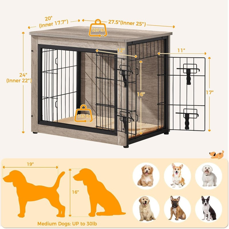 Wooden Dog Crate Table 27.5" w/Cushion Double Door Small/Medium Dogs Greige2