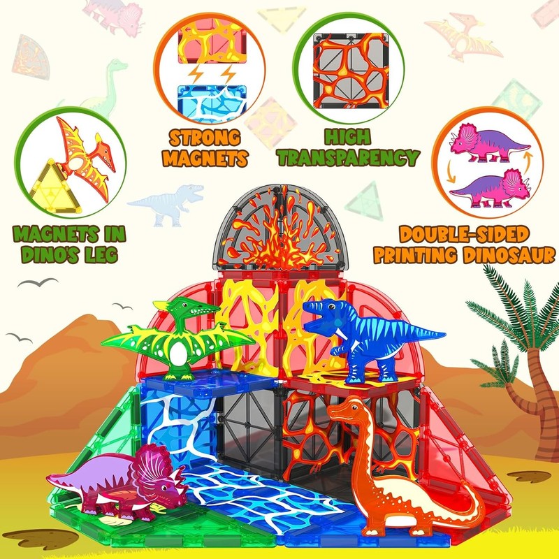 Dinosaur Magnetic Tiles Building Blocks Toy Kids Ages 3–8 Lava World Set2