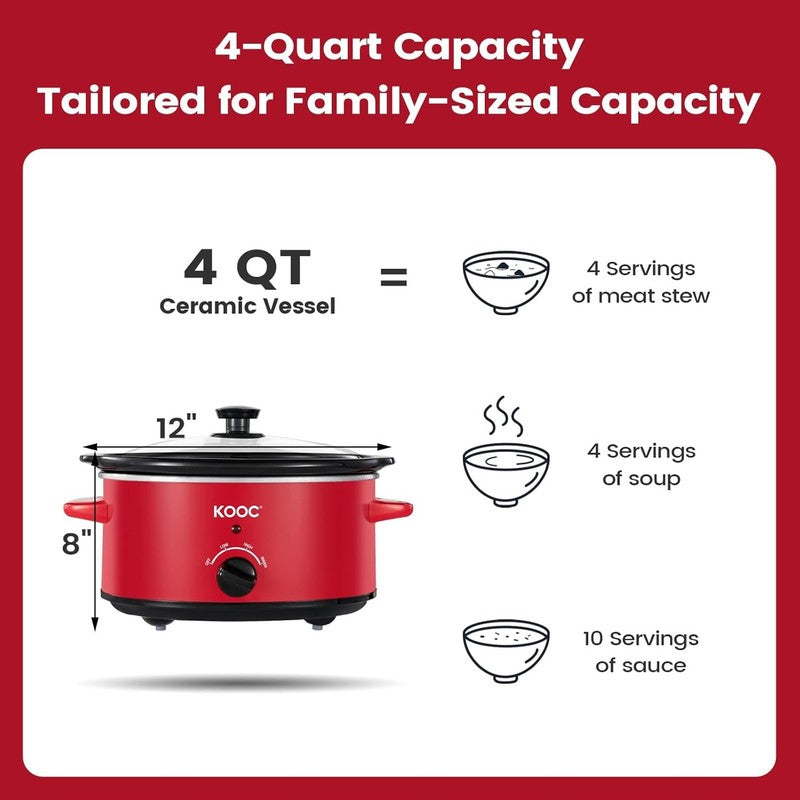 4Qt Slow Cooker 3-Setting Dishwasher Safe Ceramic Red Ellipse Pot3