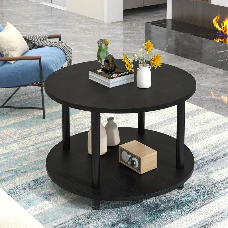 Round 2 Tier Coffee Table with Storage 23.6" Metal Frame, Black3