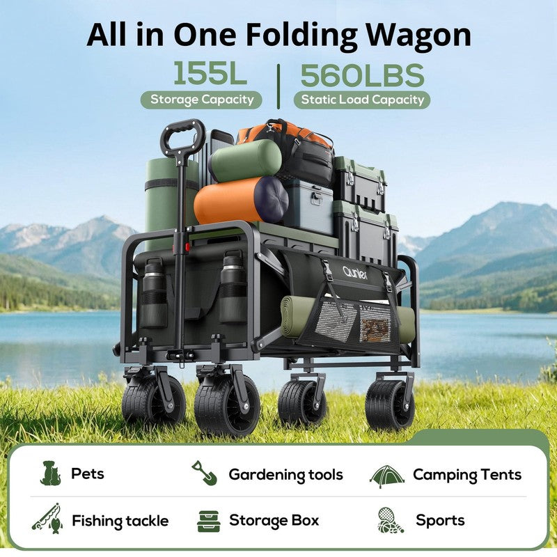 560Lbs Large Collapsible Folding Wagon with Oversized Tank Wheels, Heavy Duty Bi1