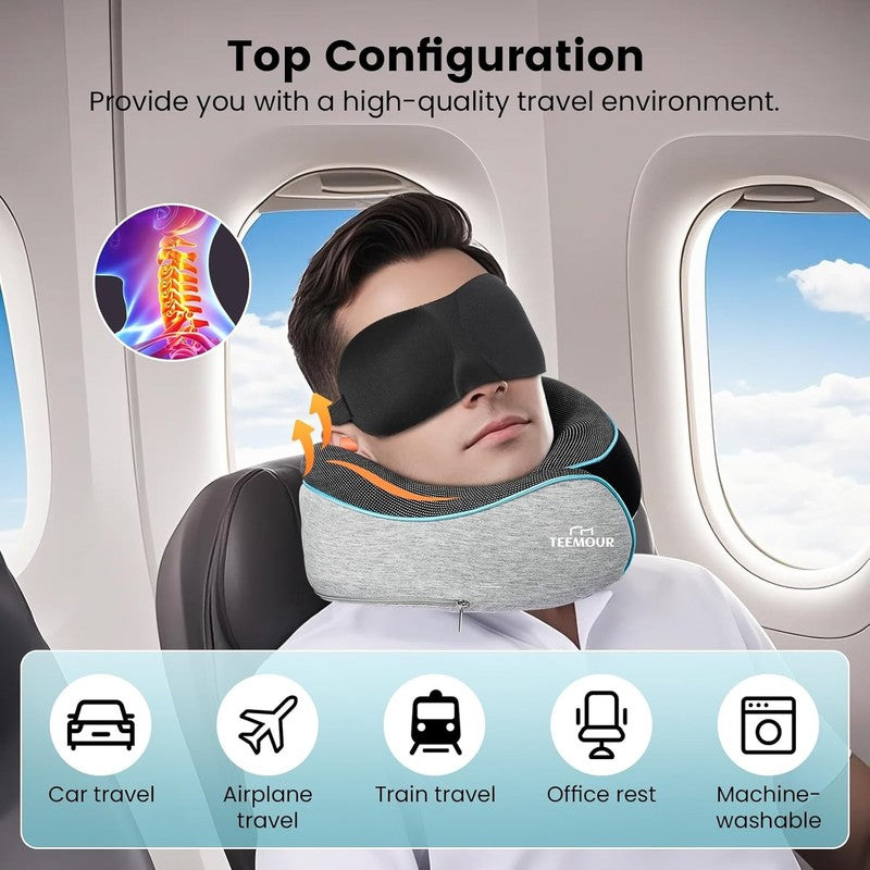 Upgraded Memory Foam Travel Neck Pillow w/ Eye Mask, Earplugs & Bag – Airplane5