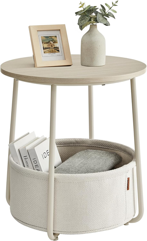Small Round Side Table Nightstand with Fabric Basket Cream White10