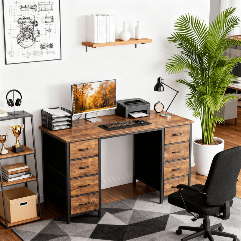 47 Inch Computer Desk with 8 Fabric Drawers, Home Office Desk Workstation for St5
