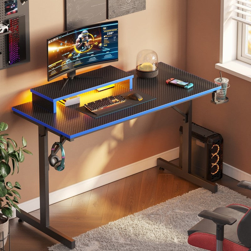 42" Gaming Desk PC Table w/ LED Lights, Monitor Stand, Hook & Cup Holder Blue4