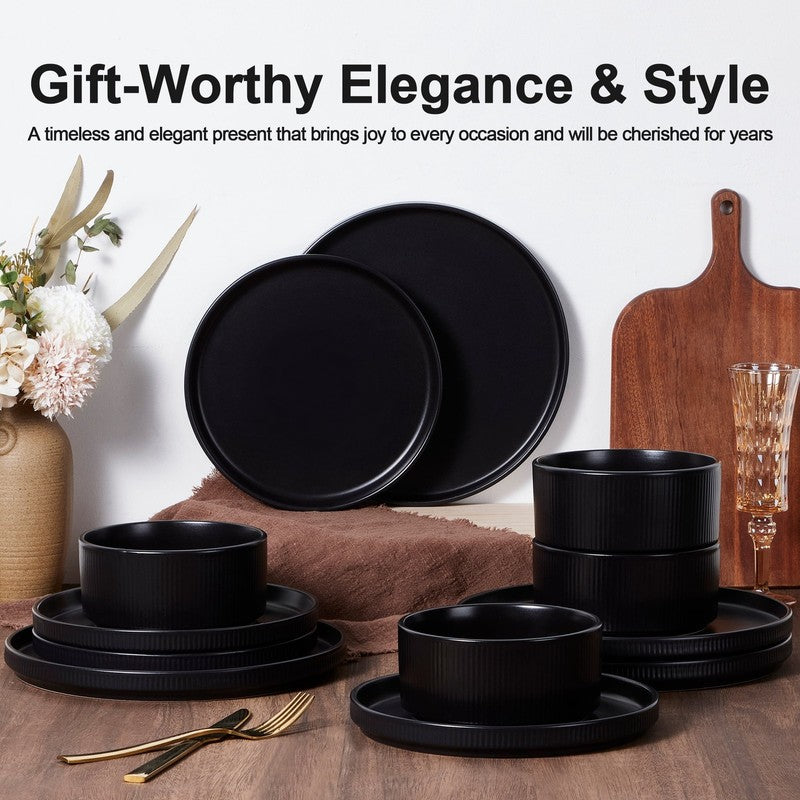 Dinnerware Set for 4, 12 Piece Premium Stoneware Ribbed Dishes, Chip & Scratch R3