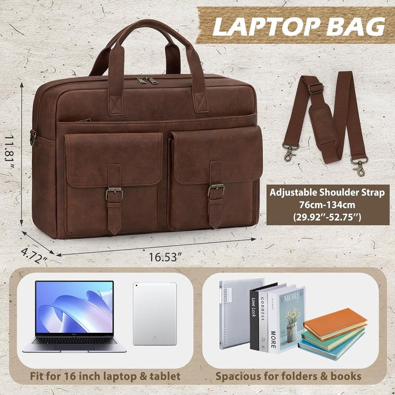 Mens Messenger Bag 16in Leather Laptop Briefcase Vintage Shoulder Satchel Brown3