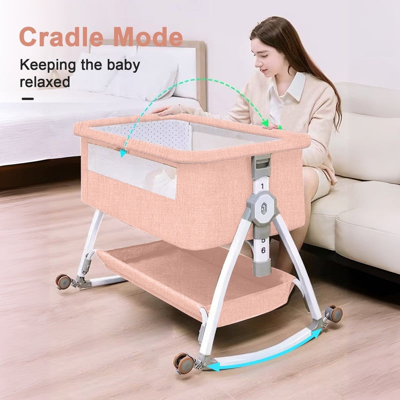 4 in 1 Baby Bassinet Pink Bedside Crib w/ Storage, Wheels & Changing Table3