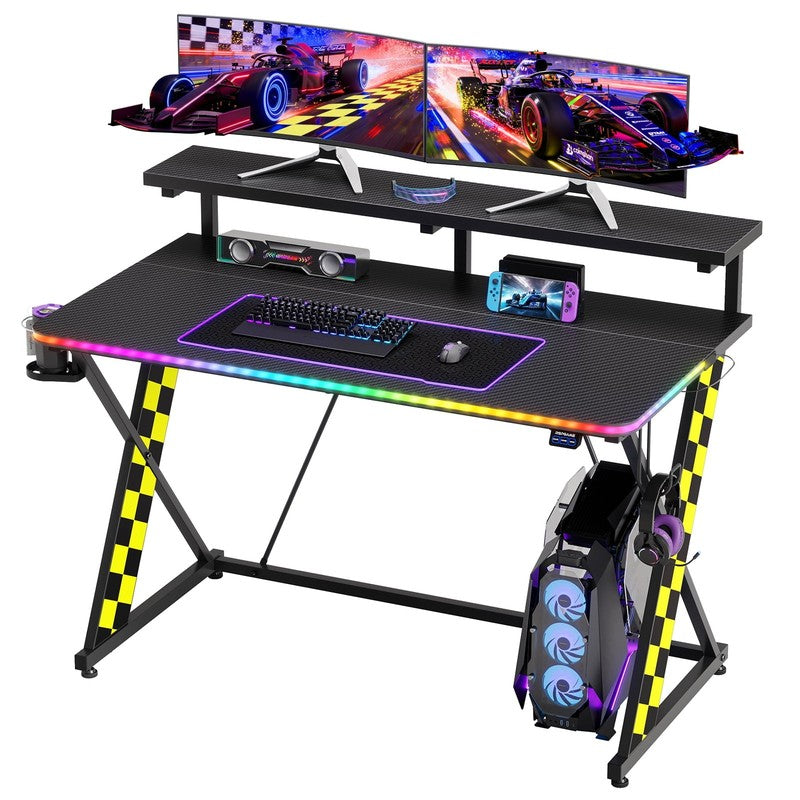 43" X-Shaped Gaming Desk Music Sync LED with Monitor Stand Yellow Racing8