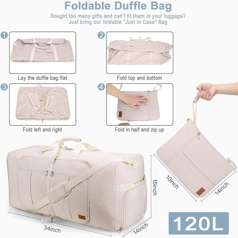 120L Large Travel Duffel Bag Foldable w/ Shoe Compartment Beige1