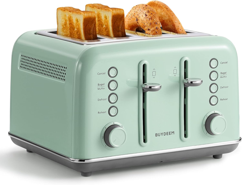 Retro 4 Slice Toaster 1800W Extra Wide Slots 7 Shade Bagel Stainless Green9